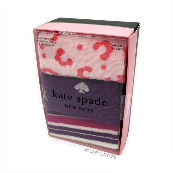 kate spade Accessories - Kate Spade Crew Pink Animal Print Striped Solid 3 Pairs Crew Socks Gift Box